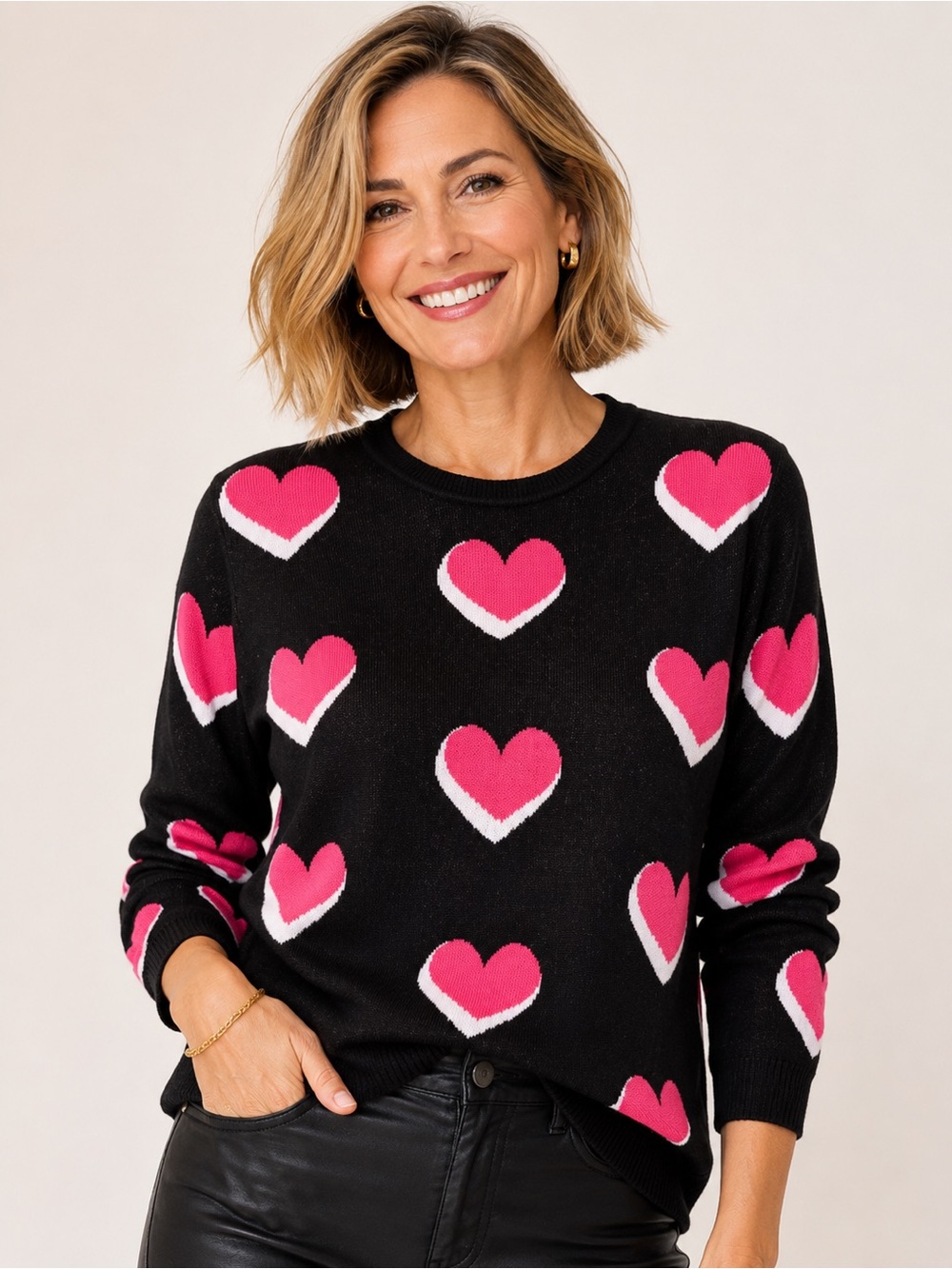 Jones New York Heart Print Sweater Crewneck Cotton Blend Black Pink S NWT